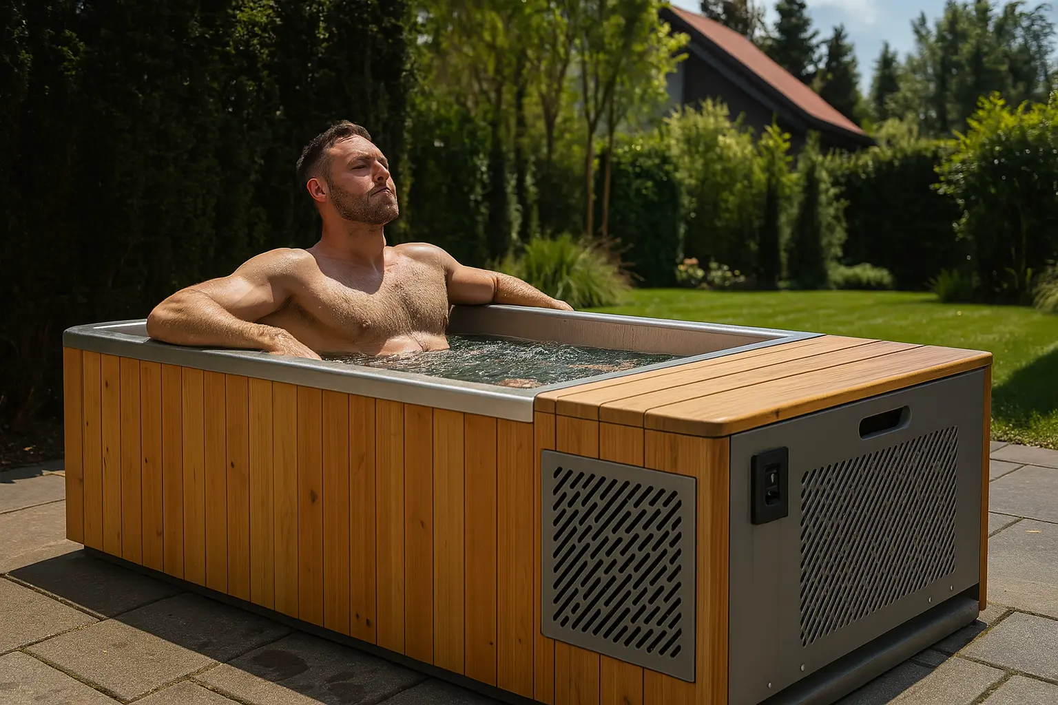 men_icebath men usign icebath in his garden
